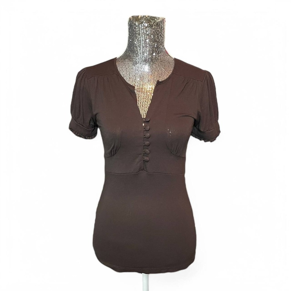 Vintage Y2K Brown Babydoll Top Ruched Button Front Grunge Whimsigoth Gothic XS